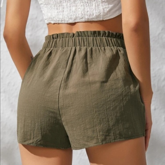 frill TRIM KNOT WAIST SOLID SHORTS | ARMY GREEN | PLAIN | SOLID | FRONT TIE - Picture 4 of 6